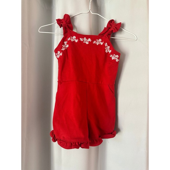 Janie and Jack Other - Janie and Jack Red Romper Floral‎ Applique Ruffle Trim Sleeveless Summer Size 5